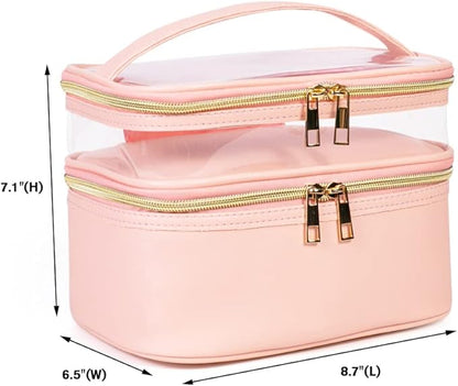 FITINI 3 Pieces Makeup Bags Double Layer Travel Large Cosmetic Cases Organizer Toiletry Bags Waterproof Small Zipper Pouch for Women Makeup Brush Storage Bag,Light Pink