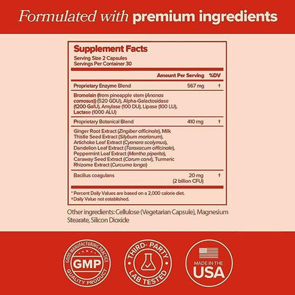 GOGO Bloating & Gas Digestive Relief - Digestive Enzymes for Bloating Relief & Water Retention Reduction - Gas Relief Supplements with Bromelain, Ginger Root, & Milk Thistle - 30 Servings (Pack of 1)