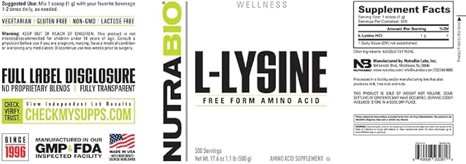 NutraBio L-Lysine Powder - Pure Grade Amino Acid - 500 Grams - Essential Amino Acid - Non-GMO - Gluten-Free - Vegan