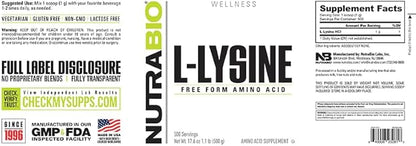 NutraBio L-Lysine Powder - Pure Grade Amino Acid - 500 Grams - Essential Amino Acid - Non-GMO - Gluten-Free - Vegan