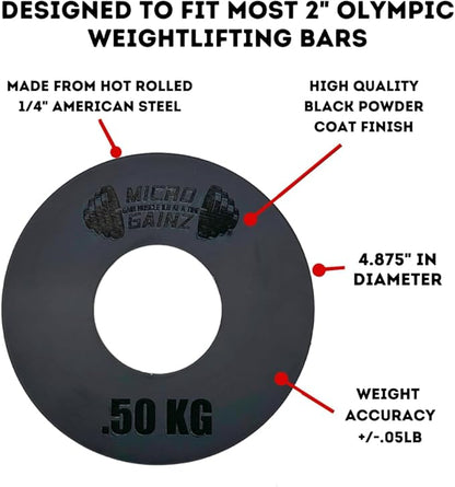 Micro Gainz Olympic Kilogram Fractional Weight Plate Set of 6 Steel Plates- (2-.25KG, 2-.50KG, 2-1KG) Plates -Designed for Olympic Barbells, Used for Strength Training and Micro Loading, Made in USA