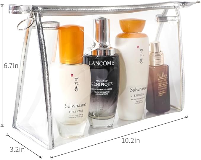 fashion portable cosmetic bag,Visible large capacity TPU storage bag, for Business Travel bath, Unisex (transparent 3pcs set) (silver rim transparent triangular zippered cosmetic bag)