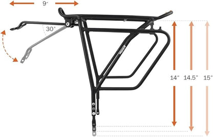 Ibera Bike Rack - Bicycle Touring Carrier Plus+ for Disc Brake/Non-Disc Brake Mount, Fat Tire Bikes, Frame-Mounted for Heavier Top & Side Loads, Height Adjustable for 26"-29" Frames