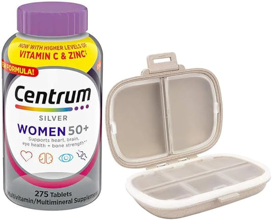 Centrum Silver Women 50+ Multivitamin, 275 Tablets Bundle with a Travel Pill Organizer, 8 Compartments Portable Pill Case, Color Khaki