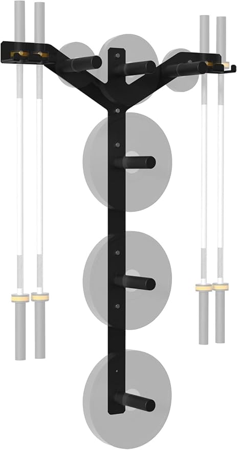 Wall Weight Plate Holder and Barbell Holder, 6 Pegs & 4 Barbell Storage Racks Load Up to 1190 LBS, Wall Mounted Weight Plate Holder, Bumper Plate Storage for Home Gym, Fit 2" Olympic Plates