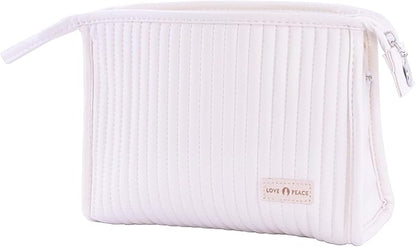 Small Makeup Bag Simple Cosmetic Pouch, Water Resistant PU Striped Leather Portable Travel Toiletry Bag with Handle for Women and Girls (Creamy White)