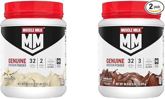 Muscle Milk Genuine Protein Powder Bundle, Vanilla Crème 1.93 Pounds 12 Servings 32g Protein 2g Sugar and Chocolate 1.93 Pounds 12 Servings 32g Protein 3g Sugar