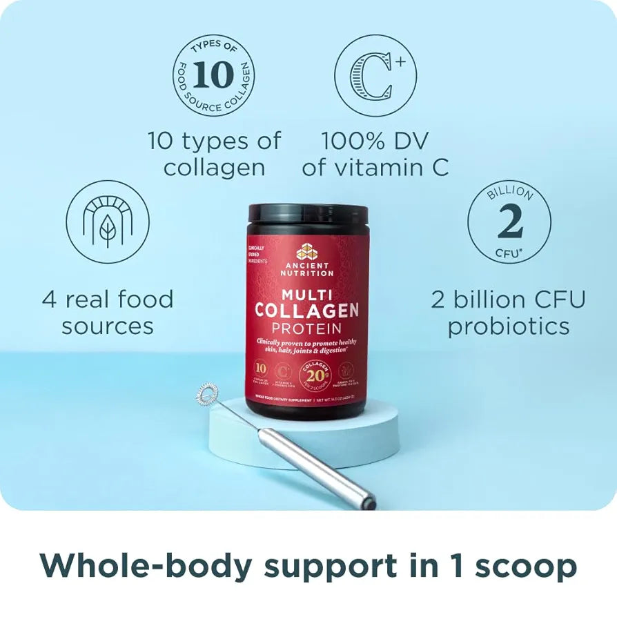 Ancient Nutrition Collagen Peptides Powder, Multi Collagen Protein, Women & Men, Vitamin C, Probiotics, Hydrolyzed Collagen, Supports Skin, Joints, Gut Health, Unflavored, 100 Servings