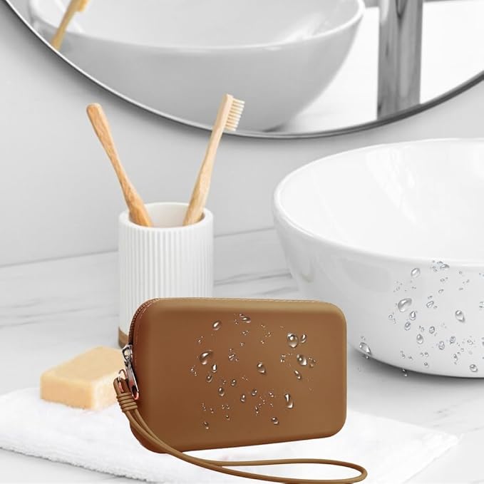 Silicone Small Makeup Bag Pouch for Purse, Travel Toiletry Bag Cute Portable Cosmetic Bag Waterproof Makeup Storage Bag Mini Zipper Clutch Makeup Organizer for Makeup, Beauty Tools (Small Brown)