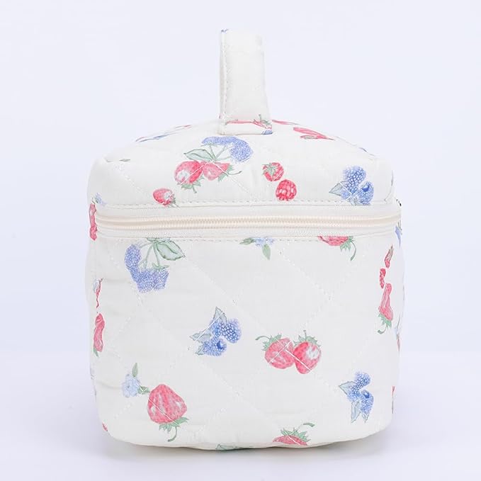 Quilted Makeup Bag Set 3 Pcs Cotton Cute Makeup Bags For Women Large Aesthetic Floral Cosmetic Bag Coquette Flower Makeup Pouch
