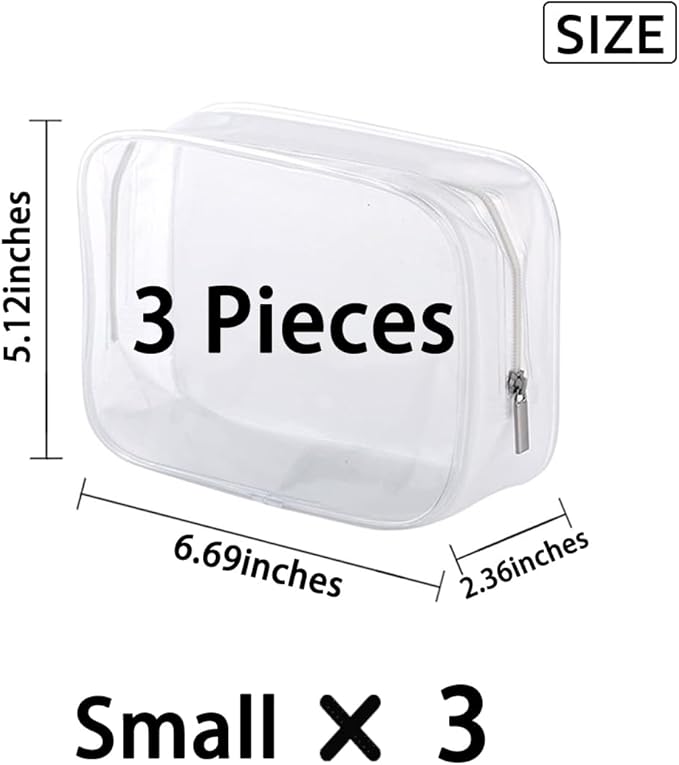 Clear Plastic Zippered Toiletry Carry Pouch TSA Approved Toiletry Bag Portable Cosmetic Makeup Bag for Vacation, Bathroom and Organizing (White 3Pcs, Small)
