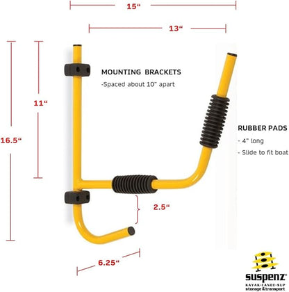 Suspenz Kayak Folding Storage Rack, Wall Hangers, Hooks, Indoor & Outdoor Use, Weight Capacity 75 lbs, Yellow, (12-8601)