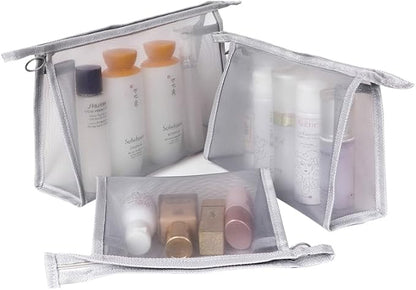 fashion portable cosmetic bag,Visible large capacity Nylon storage bag, for Business Travel bath, Unisex (gray 3pcs set) (gray whole mesh triangle zippered cosmetic bag)