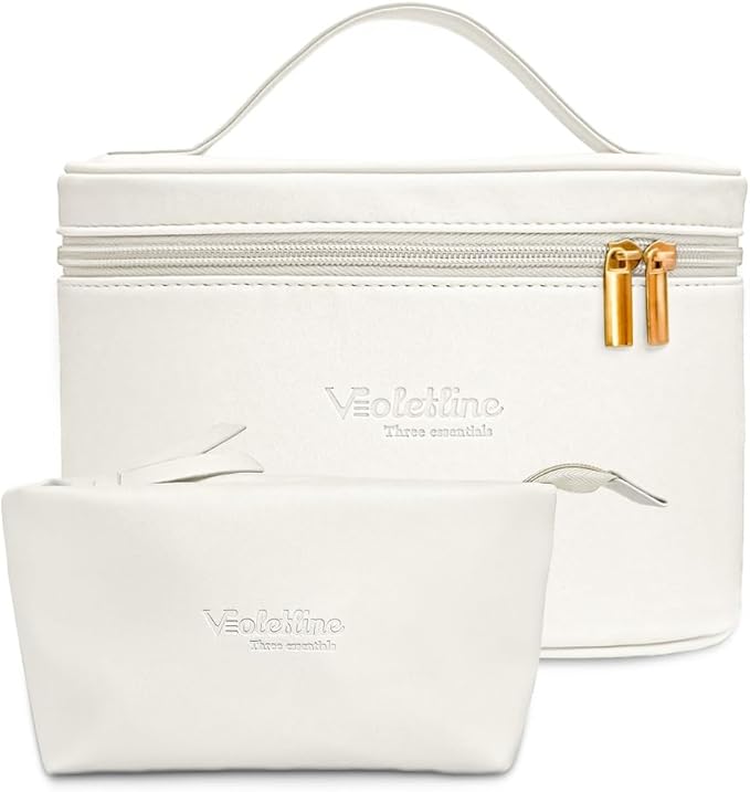 Travel Cosmetic Bag for Women, PU Leather Cosmetic Bag Set of 2, Waterproof, Large Makeup Bag with Handle (White makeup bag)