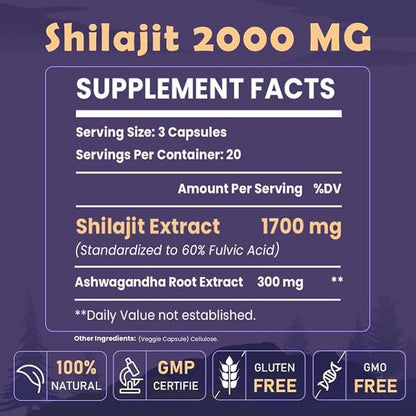 2000 MG Shilajit Supplement, Shilajit Resin Organic, Shilajit Capsules, 100% Pure Shilajit with 85+ Trace Minerals & 60% Fulvic Acid, Boost Energy & Immunity, Vegetarian, Natural, 120 Capsules
