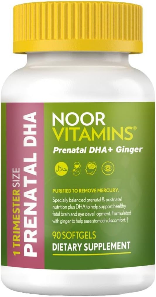Noor Vitamins Halal Prenatal Vitamins with DHA and Folic Acid, Essential Vitamins, Ginger to Soothe Mom's Stomach, Iron, Softgels, Prenatal Vitamin Before/During/Post Pregnancy (3 Months Supply)