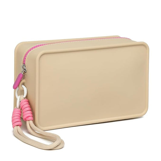 Travistar Silicone Travel Makeup Bag - Large Capacity Make Up Pouch Travel Makeup Organizer Bag Waterproof Toiletry Bag Portable Cosmetic Bag Small Womens Brush Holder Bag with Zipper Closure Khaki