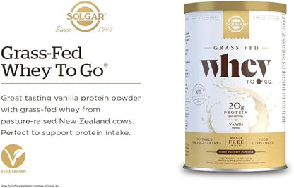 Solgar Grass Fed Whey to Go Protein Powder Vanilla, 11.9 oz - 20g of Grass-Fed Protein from New Zealand cows - Great Tasting & Mixes Easily - Supports Strength & Recovery -, 13 servings