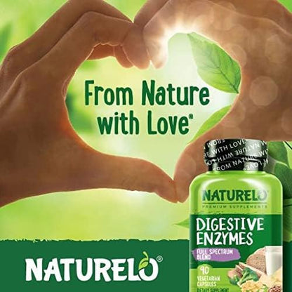 NATURELO Digestive Enzymes - Full Spectrum Support with a Broad Blend of 15 Enzymes Plus Ginger - 180 Vegan Capsules