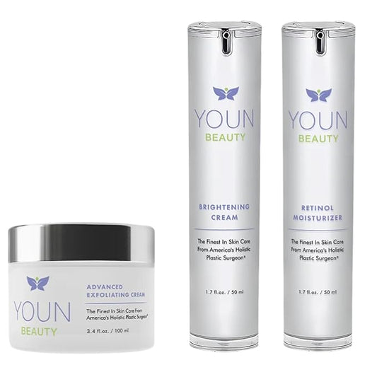 YOUN Beauty Sun Spots Skin Care Set by Holistic Plastic Surgeon Dr. Anthony Youn – Facial Skincare Bundle Includes Retinol Moisturizer, Brightening Face Cream & Advanced Wash-Off Exfoliating Cream