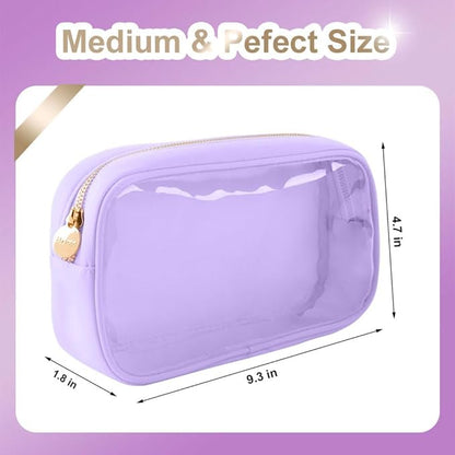 Medium Preppy Transparent Makeup Pouch Women Travel Clear TPU and Nylon Cosmetic Pouch (Medium, Purple)