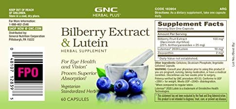 GNC Herbal Plus Bilberry Extract and Lutein Supplement, Vegetarian, Supports Eye and Vision Health, 60 Servings