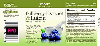 GNC Herbal Plus Bilberry Extract and Lutein Supplement, Vegetarian, Supports Eye and Vision Health, 60 Servings
