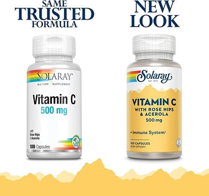 SOLARAY C w/Rose HIPS & Acerola, Capsule (Btl-Plastic) 500mg | 100 Count | Pack of 2