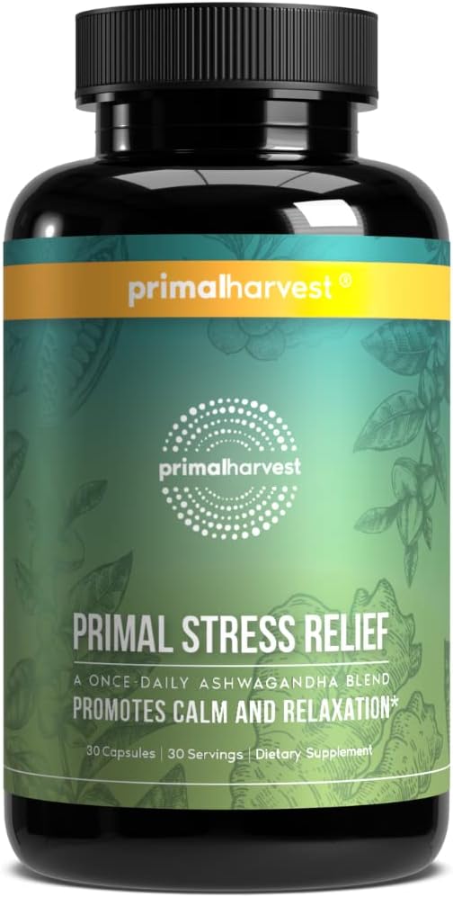 Primal Harvest Stress Relief Supplement for Women and Men Pure Ashwagandha Root Extract, L-Theanine Supplements, 30 Capsules