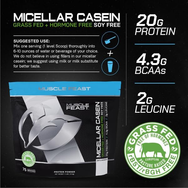 Muscle Feast Micellar Casein Protein, All Natural Pasture Raised Hormone Free Soy Free, Unflavored, 4lb