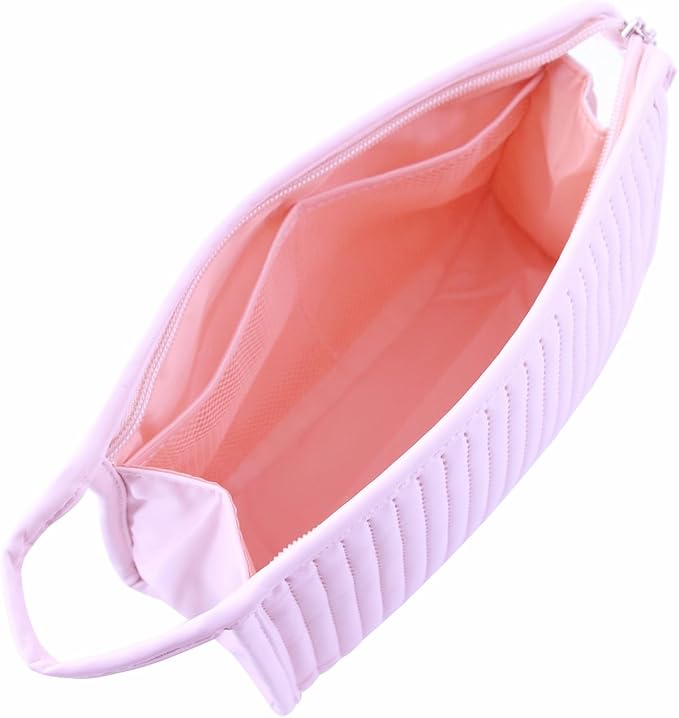 Small Makeup Bag Simple Cosmetic Pouch, Water Resistant PU Striped Leather Portable Travel Toiletry Bag with Handle for Women and Girls (Pink)