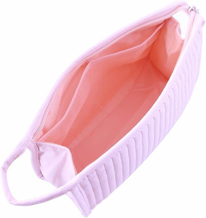 Small Makeup Bag Simple Cosmetic Pouch, Water Resistant PU Striped Leather Portable Travel Toiletry Bag with Handle for Women and Girls (Pink)