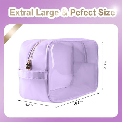 Transparent Makeup Bag Women Travel Clear Toiletry Bag TPU and Nylon Cosmetic Pouch (Extral-Large, Purple)