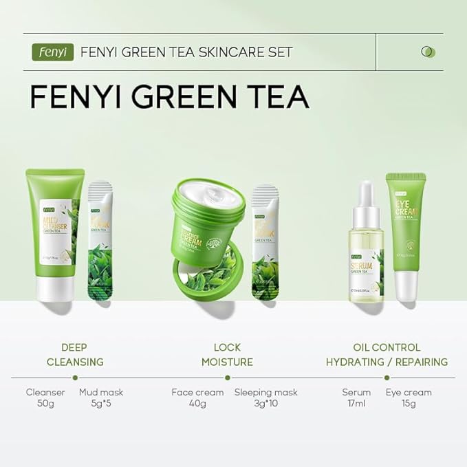 Green Tea Skincare Set, 19-In-1 Skincare Gift Set, With Natural Extracts,Cleanser,Face Serum, Face Cream, Eye Cream, Facial Mask And Mud Mask,Moisturizing Skincare Set For Teen Girls