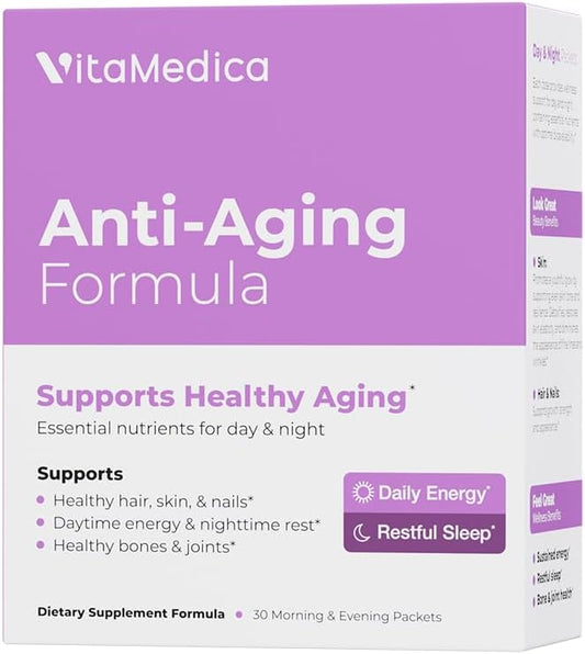 VitaMedica Anti-Aging Formula 4-in-1 Health and Beauty Supplement | Anti Aging Supplement for Women and Men | Healthy Hair, Skin, and Nails | Natural Energy & Restful Sleep | 30 AM & PM Packets