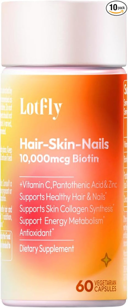 Biotin 10000 mcg with Zinc, Vitamin C & Calcium Pantothenate – Supports Healthy Hair Growth, Strong Nails & Glowing Skin for Women & Men | Made in The USA | 60 Vegan Capsules