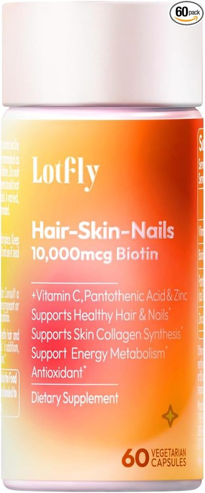 Biotin 10000 mcg with Zinc, Vitamin C & Calcium Pantothenate – Supports Healthy Hair Growth, Strong Nails & Glowing Skin for Women & Men | Made in The USA | 60 Vegan Capsules (60-Day Supply)