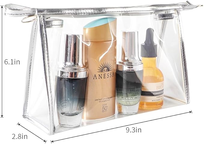 fashion portable cosmetic bag,Visible large capacity TPU storage bag, for Business Travel bath, Unisex (transparent 3pcs set) (silver rim transparent triangular zippered cosmetic bag)