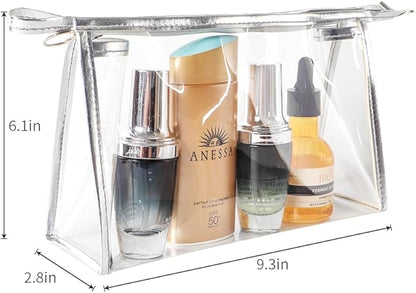 fashion portable cosmetic bag,Visible large capacity TPU storage bag, for Business Travel bath, Unisex (transparent 3pcs set) (silver rim transparent triangular zippered cosmetic bag)