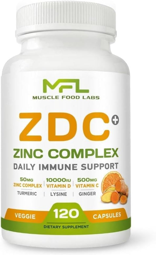 | Z D C Plus | Vitamin C, 500mg | Vitamin D3, | Zinc, | Turmeric | Ginger | Lysine | Non-GMO & Gluten Free | Veggie Caps | 120 Servings