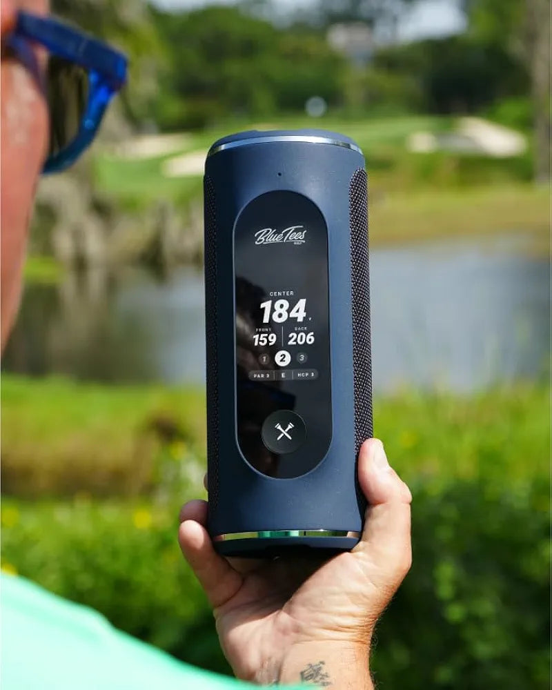 Blue Tees Golf Player+ GPS Speaker with Touch Screen Display, 10+ Hours Battery, 40,000+ Courses, Visual + Audible Distance, Hazard Distance - IPX7 Waterproof 