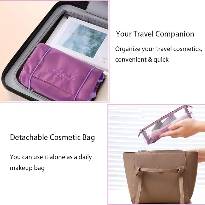Roll Up Makeup Bag, Hanging Toiletry Bag, 4 in 1 Detachable Cosmetic Bag, 4 Removable Storage Bags, Travel Makeup Organizer Bags for Women Men(Purple)