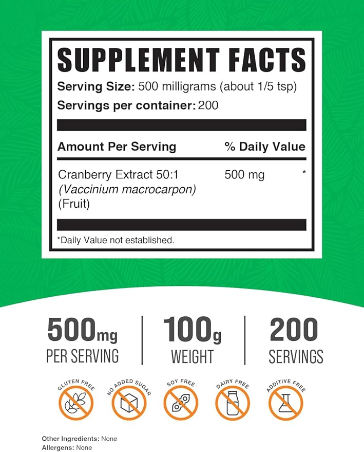 BulkSupplements.com Cranberry Extract Powder - Cranberry Supplements for Women & Men, Cranberry Extract 500mg - Vegan & Gluten Free, 500mg per Serving, 100g (3.5 oz) (Pack of 1)