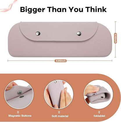 Travel Makeup Brush Holder，Silicone Makeup Brush Holder ，Portable Cosmetic Organiser with Two Upgraded Anti-fall Off Magnetic Clips ， foldable, large capacity -Khaki