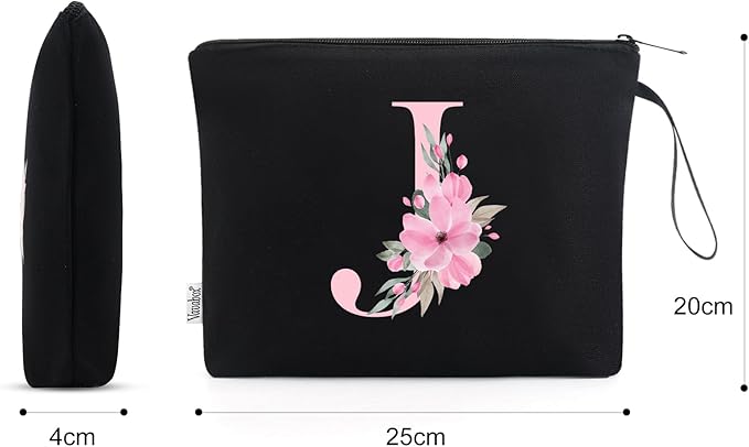 Vavabox A-Z Personalized Makeup Bag, Birthday Gifts for Women Mom, Gifts for Best Friend, Bride Bridesmaid Cosmetic bag (J, Black)