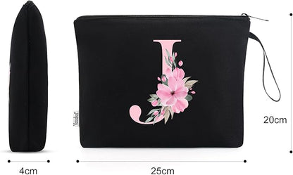 Vavabox A-Z Personalized Makeup Bag, Birthday Gifts for Women Mom, Gifts for Best Friend, Bride Bridesmaid Cosmetic bag (J, Black)