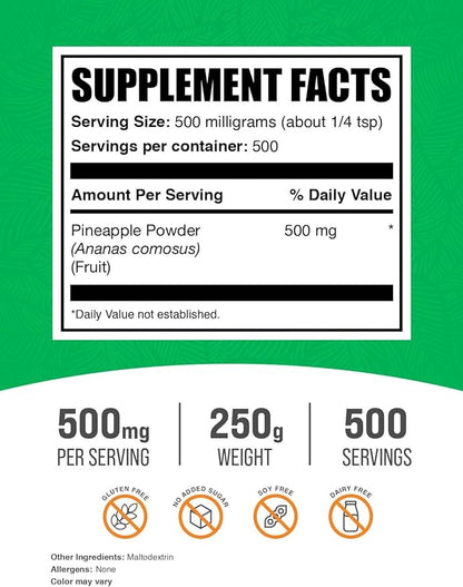 BulkSupplements.com Pineapple Powder - Pineapple Fruit Powder, for Flavoring & Smoothies - Unsweetened & Gluten Free, 500mg per Serving, 250g (8.8 oz) (Pack of 1)