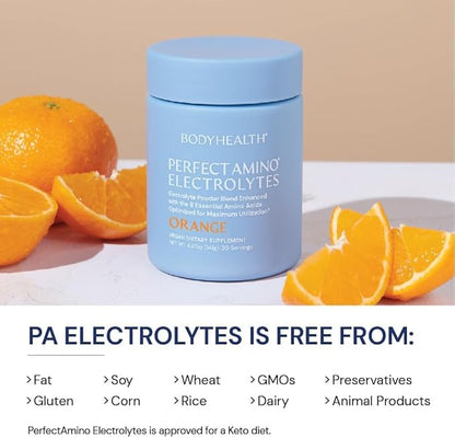 BodyHealth PerfectAmino Electrolytes Powder, Hydration Powder, Sugar Free Keto Electrolyte Drink Mix, Non GMO, Orange Flavor (60 Servings)