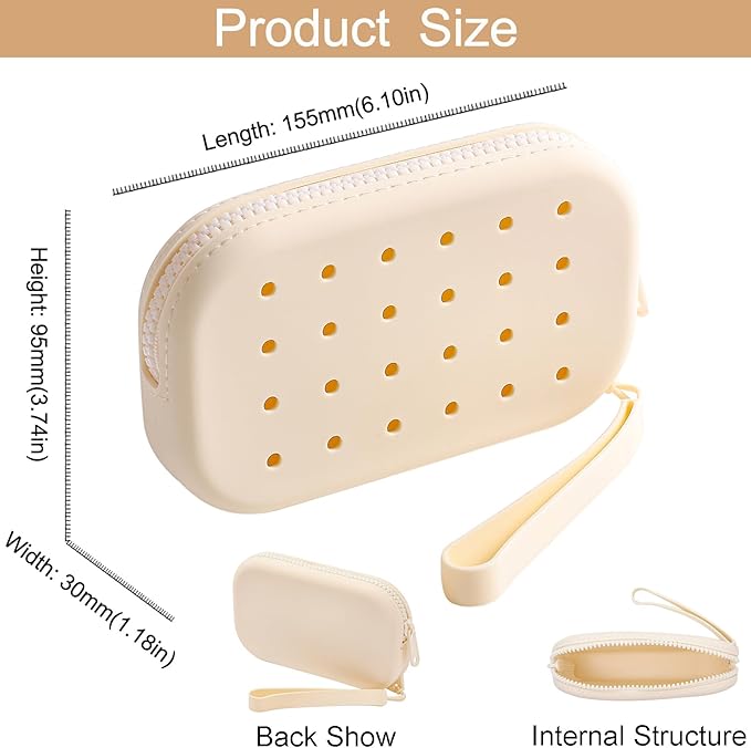Portable Silicone Makeup Bag for Women, Small Travel Toiletry Cosmetic Bag with Decorative Holes, Zipper Closure Organizer Makeup Case with Handle (Milky White)