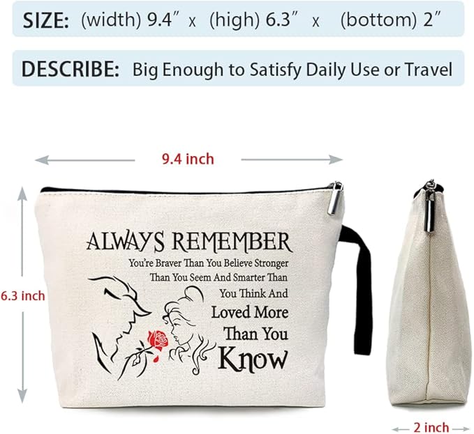 Beauty Beast Story Funny Cosmetic Bag, for Travel Toiletry Zipper Storage Pouch Makeup Bag, You Are Braver Stronger Than You Think, Beauty Beast Inspired Gifts, Beauty Beast Movie Fans Gifts